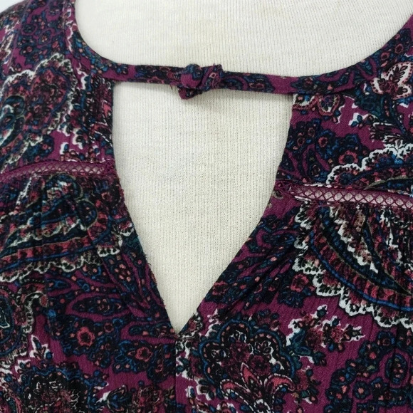 American Eagle Shift Peasant Dress Purple Paisley Keyhole Neck 3/4 Sleeve Boho - Picture 5 of 9